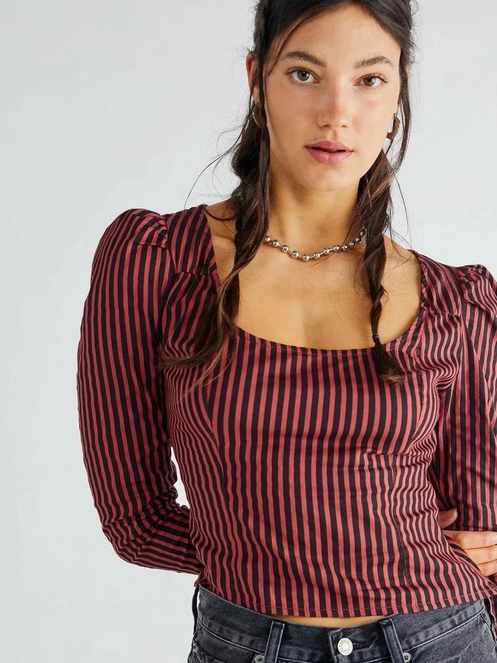 Free People Women's Red Striped U-Neck Long Sleeve Blouse Top Size L